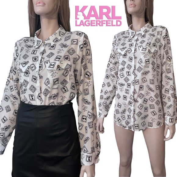Karl Lagerfeld Paris Shirt Blouse Graphic Travel Graffiti Print Eiffel Tower - Picture 1 of 16